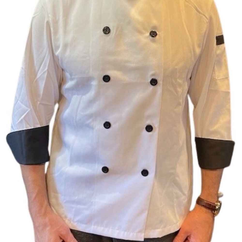 Executive Chef Coat White with Black Trim and Black buttons, 100% Spun Polyester